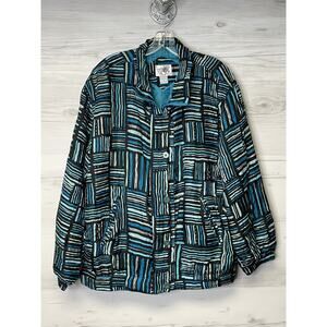 Cervelle Jacket Womens 1X Black Blue Abstract Silk Quilted Button Up Lightweight